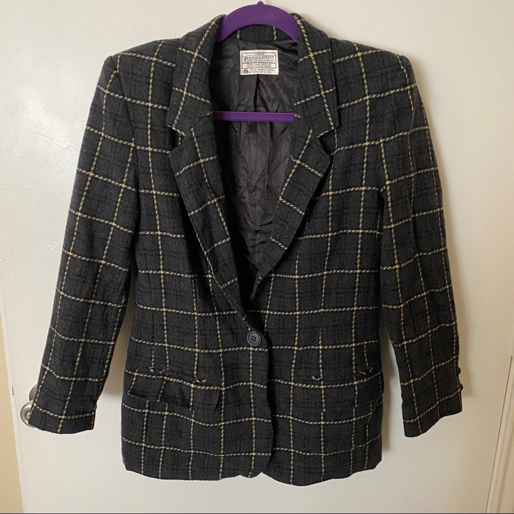 Miss Pendleton Vintage Gray Yellow Plaid Blazer